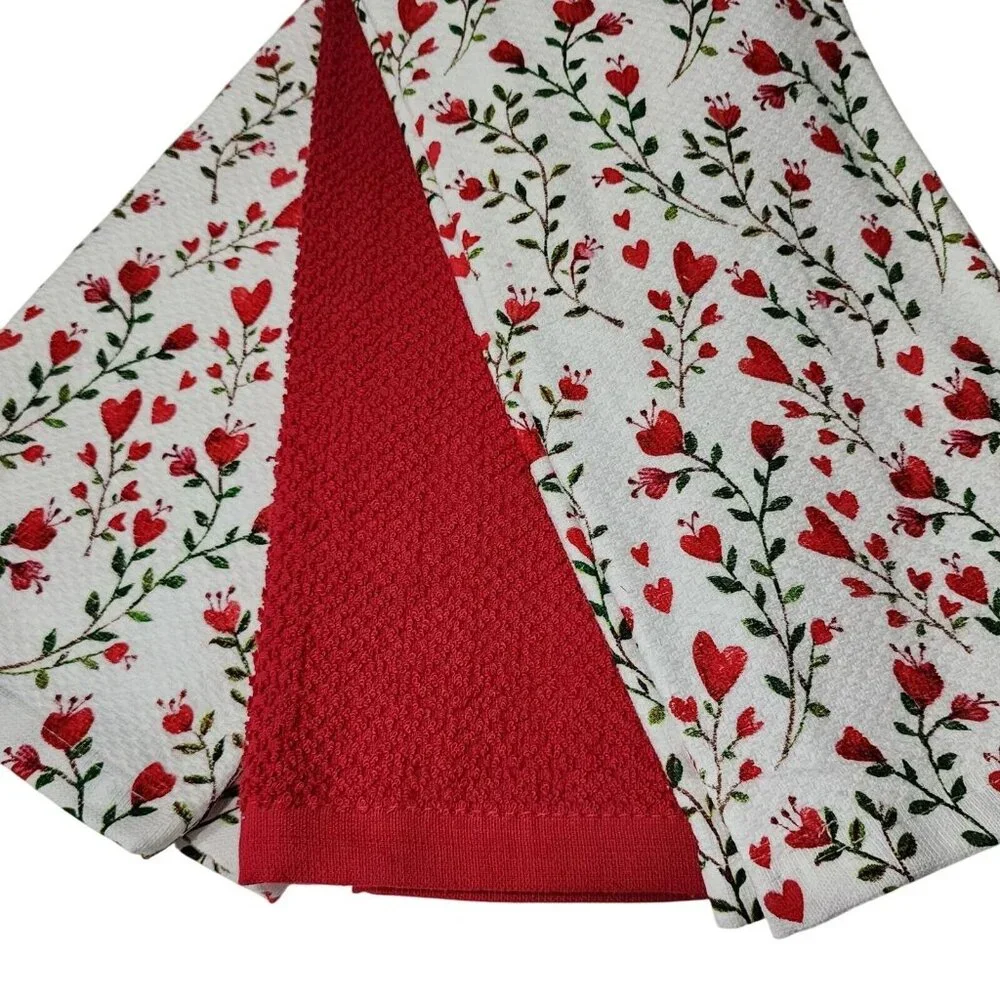 Colordrift Shabby Chic Cotton Kitchen Towel Set 3pc‎ Red and White 18x28in